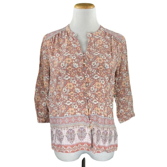 Cynthia Rowley Orange Floral Print Flowy 3/4 Sleeve Button Down Blouse